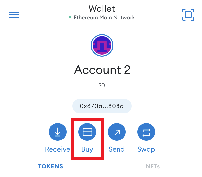 MetaMask 钱包界面上突出显示的购买按钮。